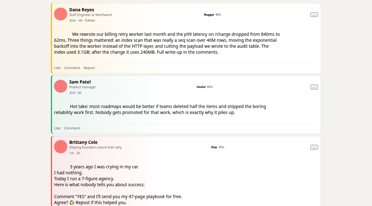 A LinkedIn feed with posts edged in gold, green, and red, each carrying a verdict badge
