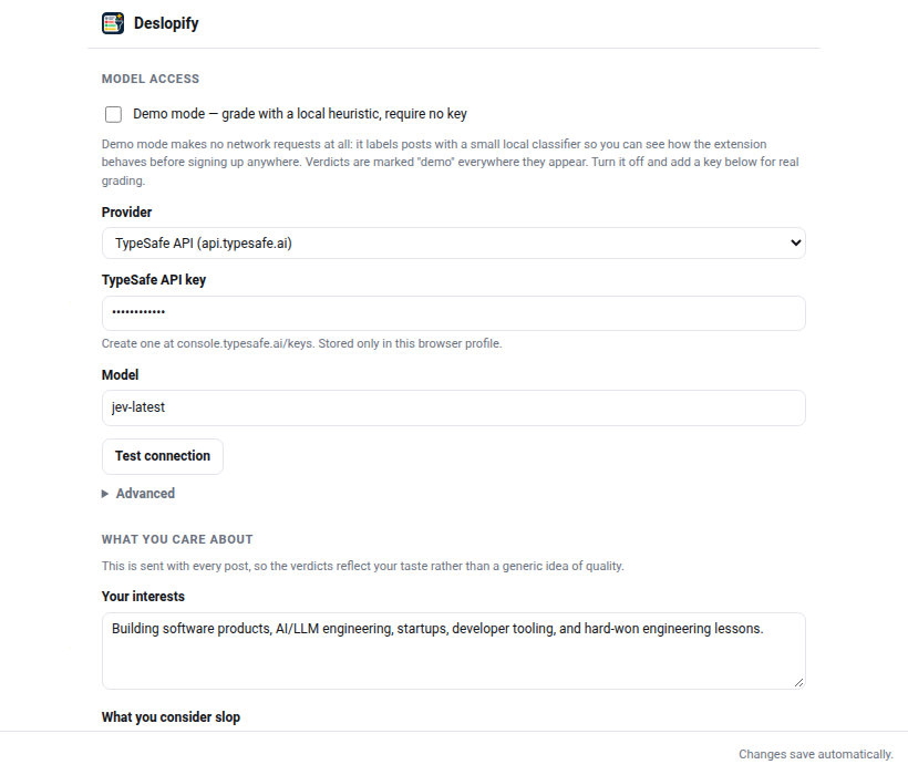 Deslopify settings: demo mode toggle, provider, API key, model, and the reader profile fields