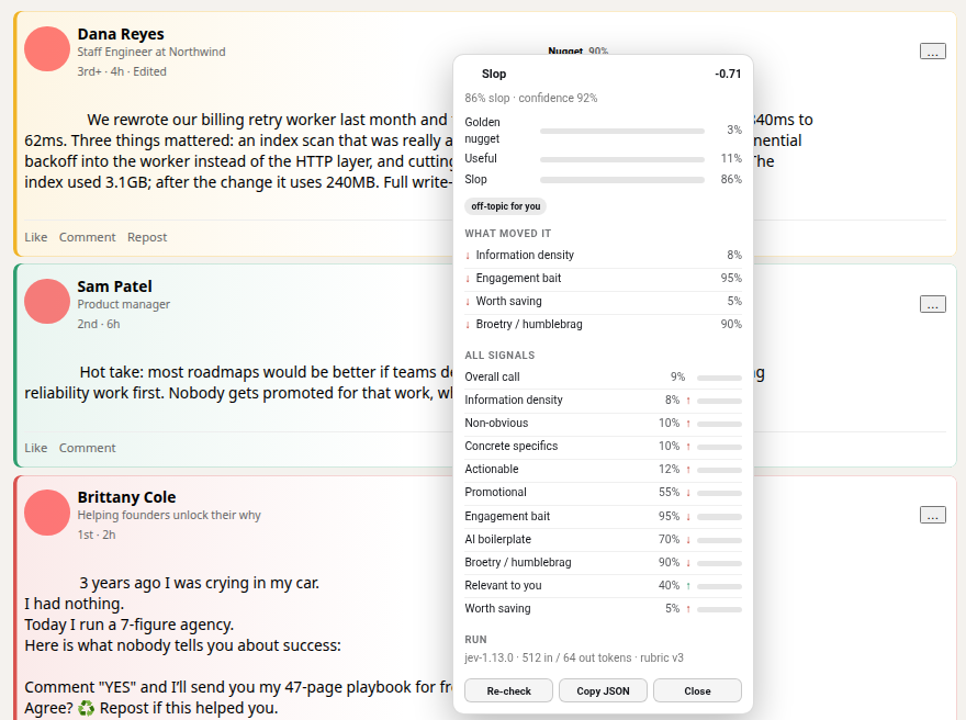 The Deslopify explanation panel open over a graded feed, listing the probability of each verdict, the four signals that moved the score, and the token cost